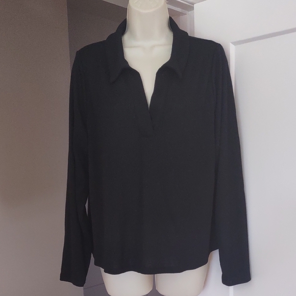 Lane Bryant Collared Black Long Sleeve Ribbed Knit Blouse - Size 18/20 - Picture 1 of 4